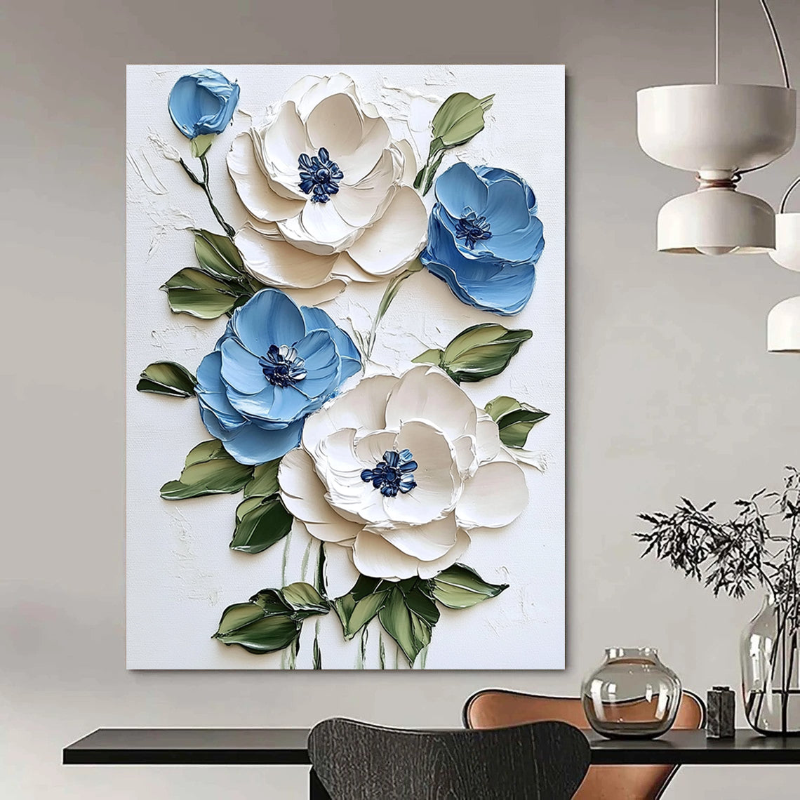 Abstract painting featuring textured white and blue flowers on a white background with green leaves and vibrant brushstrokes for a light tone.STSC1471