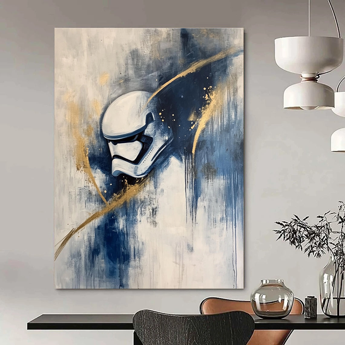 Abstract painting of a stormtrooper in action featuring white and blue tones with gold highlights in an Abstract Expressionism style on canvas.STSC667