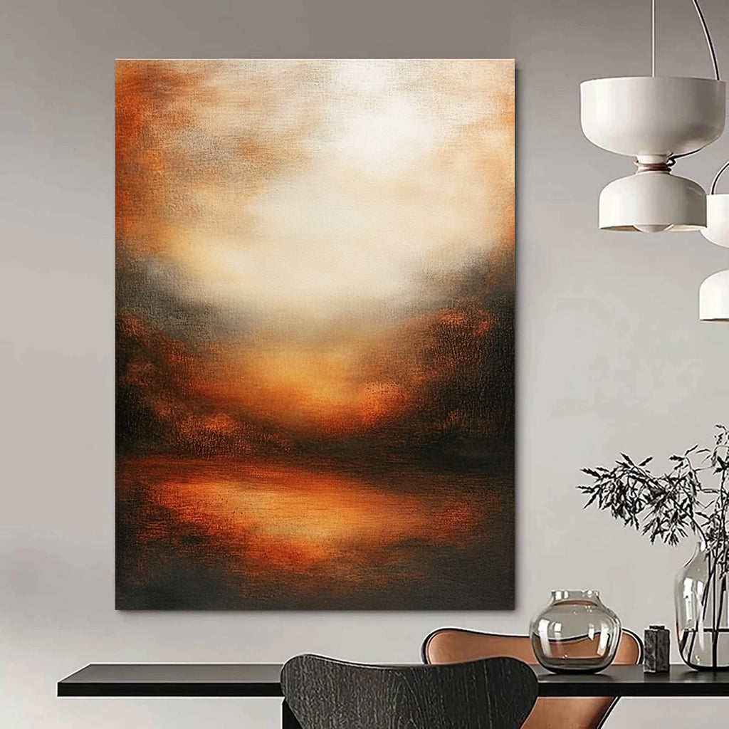 Large abstract oil painting featuring an atmospheric sunset with muted earth tones deep oranges and soft shadows evoking tranquility and harmony.STSC146
