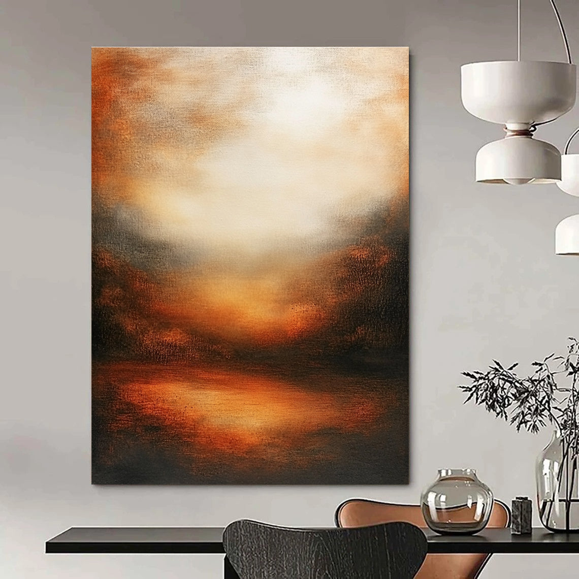 Large abstract oil painting featuring an atmospheric sunset with muted earth tones deep oranges and soft shadows evoking tranquility and harmony.STSC146