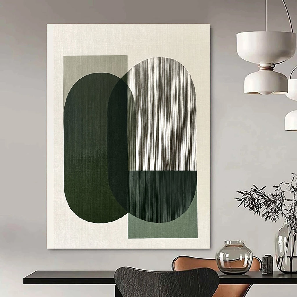 A large abstract painting features overlapping green and gray shapes evoking calmness and balance through minimalist design and clean lines.STSC1178