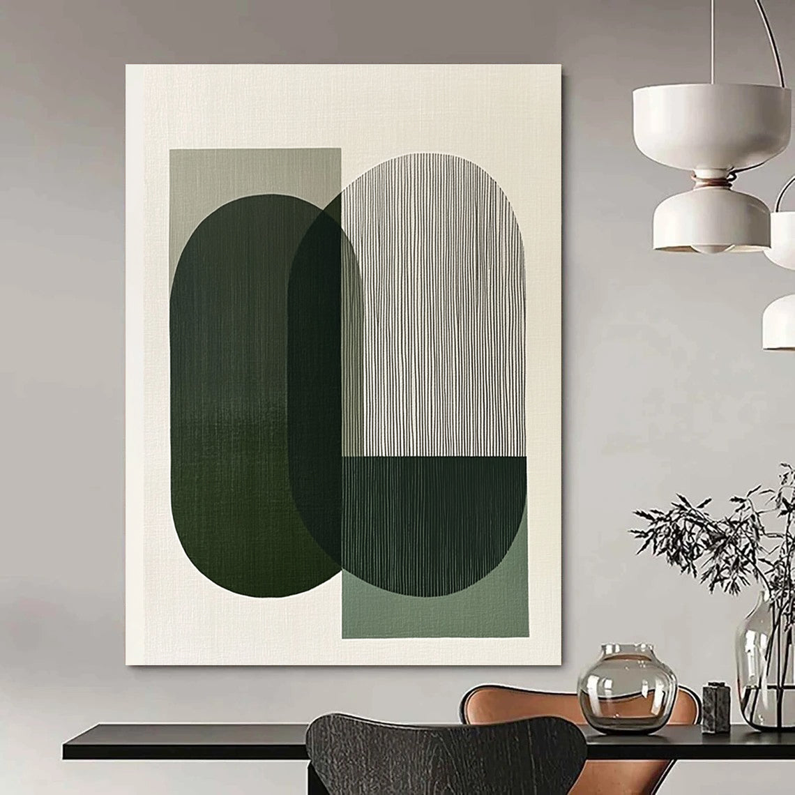 A large abstract painting features overlapping green and gray shapes evoking calmness and balance through minimalist design and clean lines.STSC1178