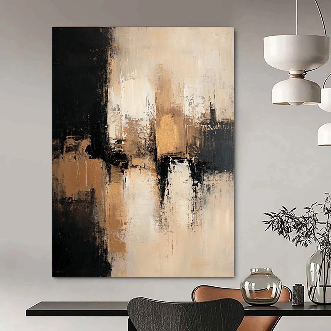 Large abstract painting featuring neutral tones with black beige and white depicting an urban landscape with dark brown and gold accents.STSC775