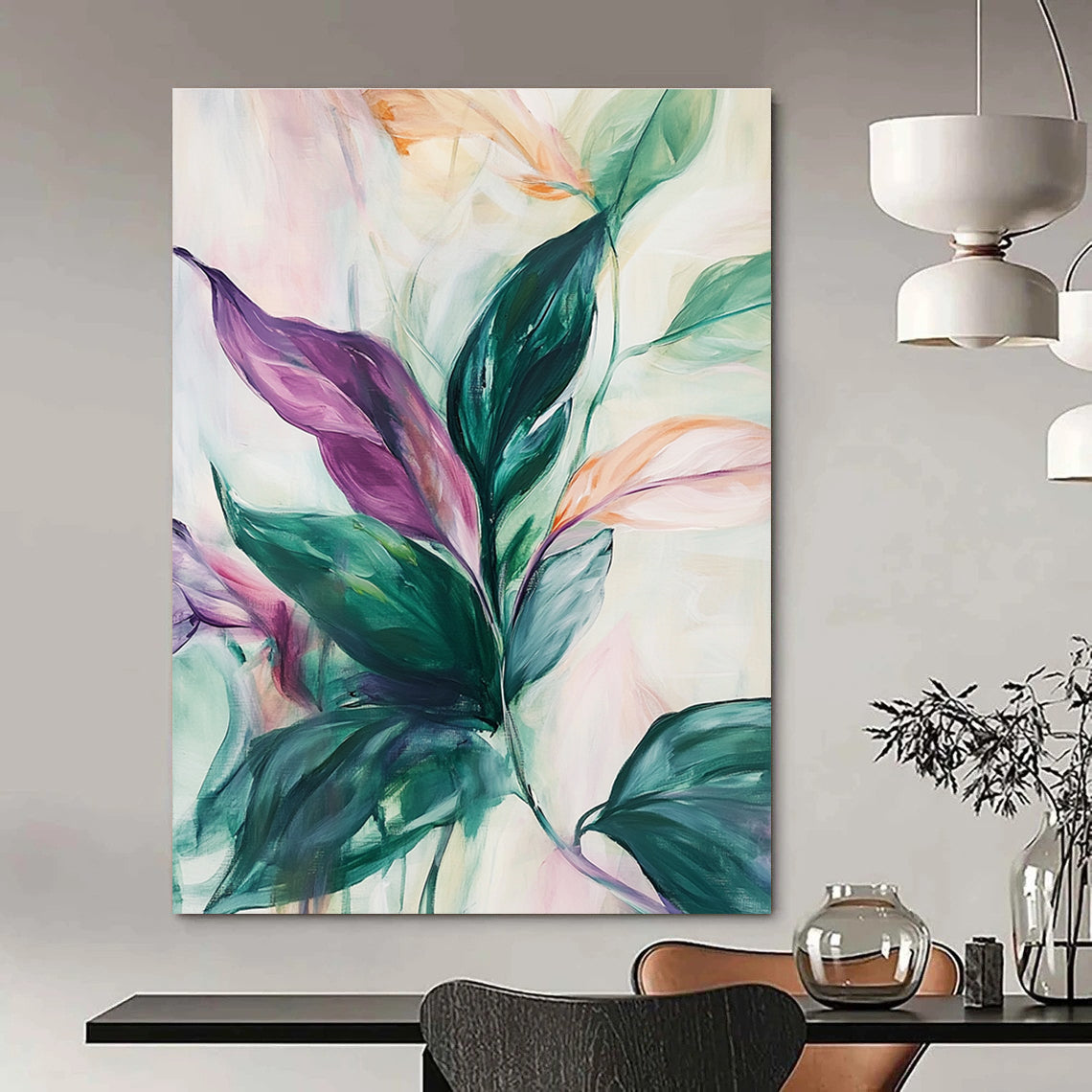 Large abstract painting of lush leaves in green pink purple and white with soft lines suggesting movement against a pale background evoking tranquility.STSC1048
