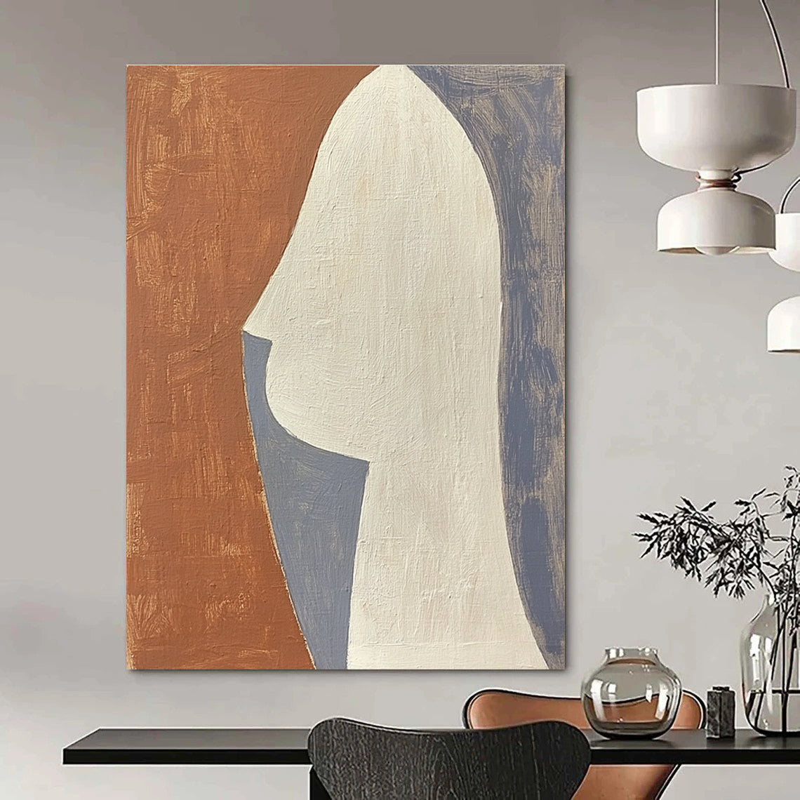 Large abstract painting featuring a profile design in terracotta white and grey composed of simple shapes.STSC1370