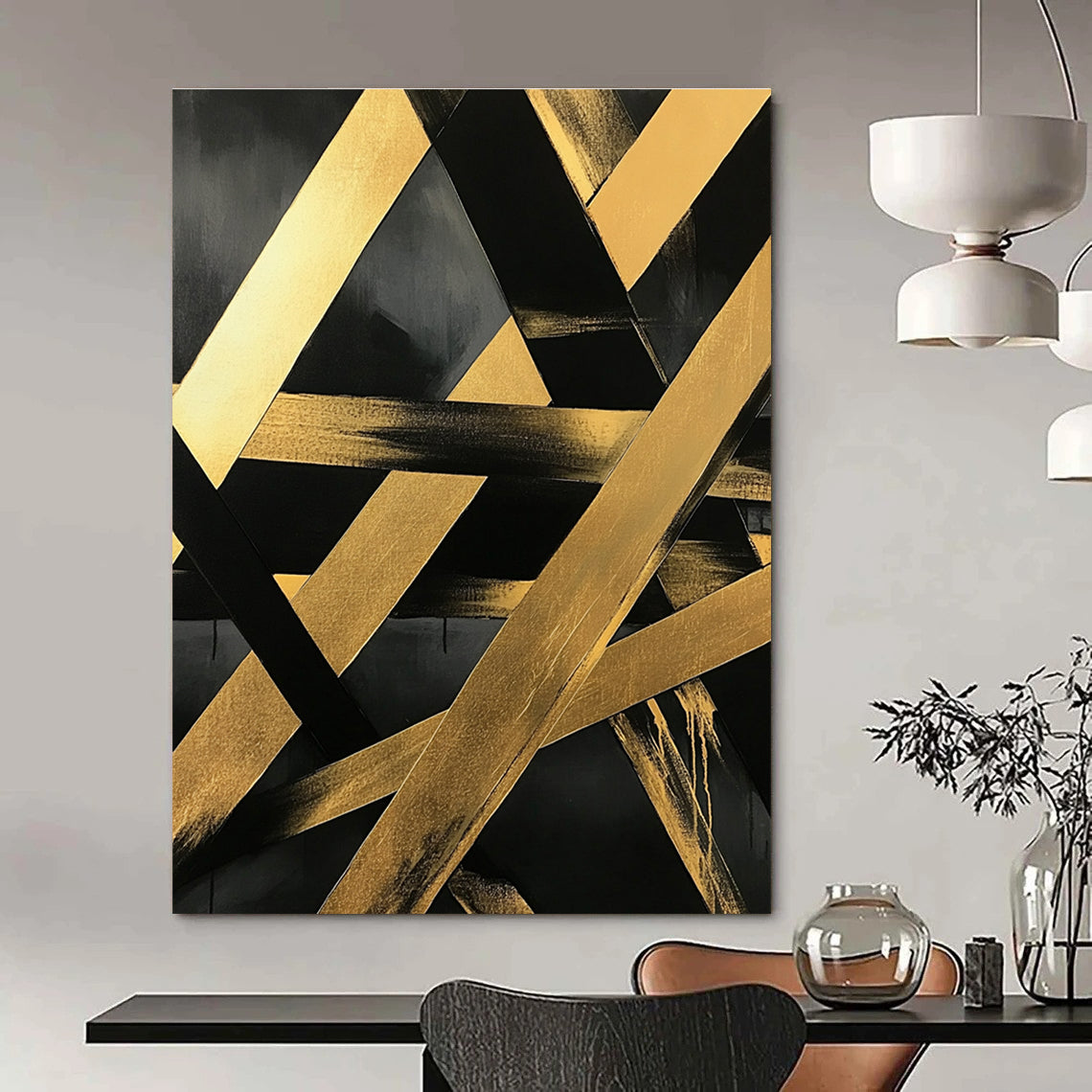 Large abstract painting featuring gold and black diagonal lines on a dark gray background with textured brushstrokes and intertwined golden metal beams.STSC1129
