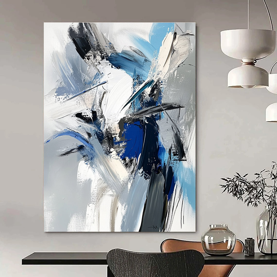 Large abstract painting featuring a dynamic human figure in white blue and gray with textured brushstrokes and a dark mood.STSC717