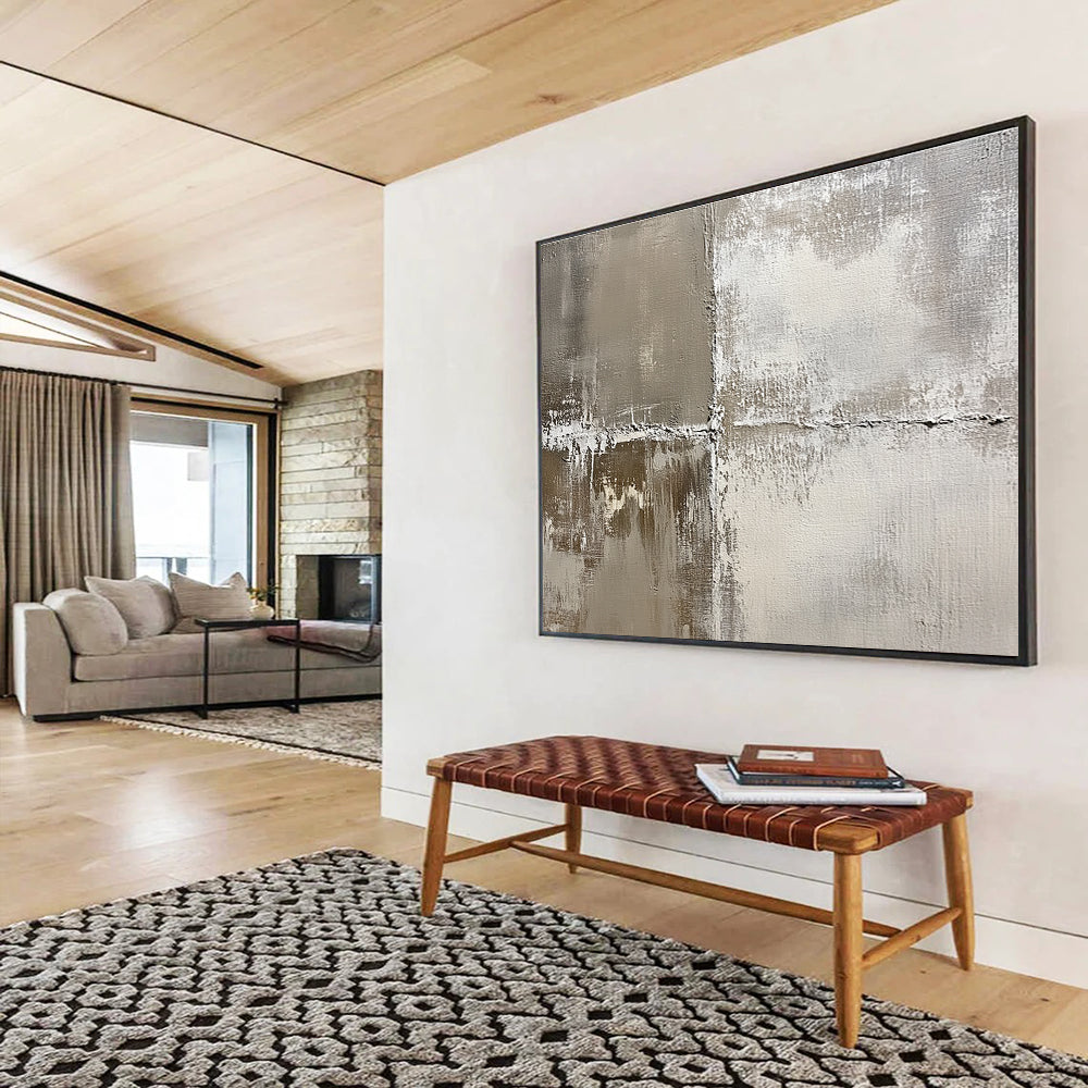 Abstract painting featuring an aged textured canvas in soft neutral tones evoking nostalgia with weathered effects of grays and whites.SC445