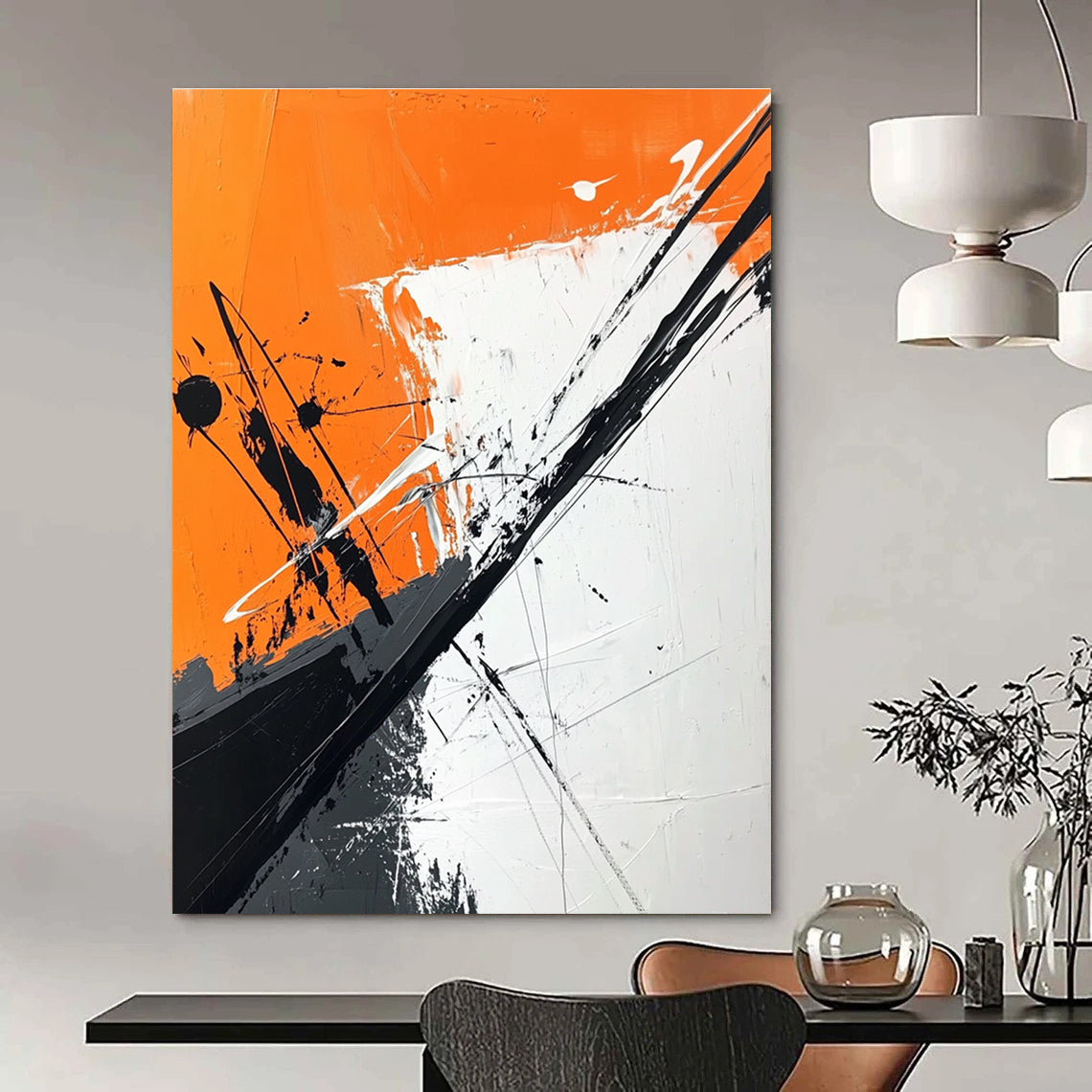 Large abstract painting features orange and white background with black brush strokes and dark gray diagonal line adding depth and artistic flair.STSC1118