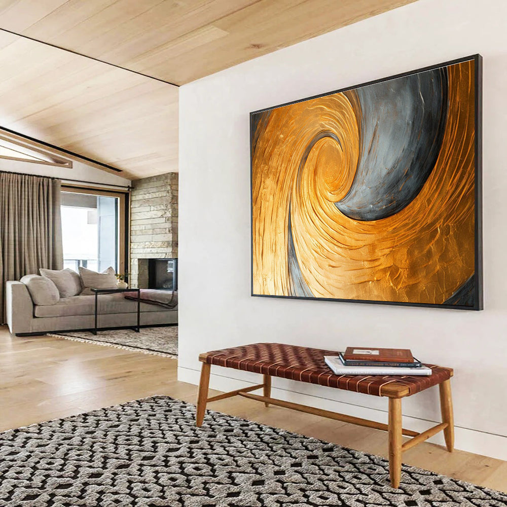 Gold and Grey Spiral Abstract Painting with Metallic Gold and Grey Tones THY176