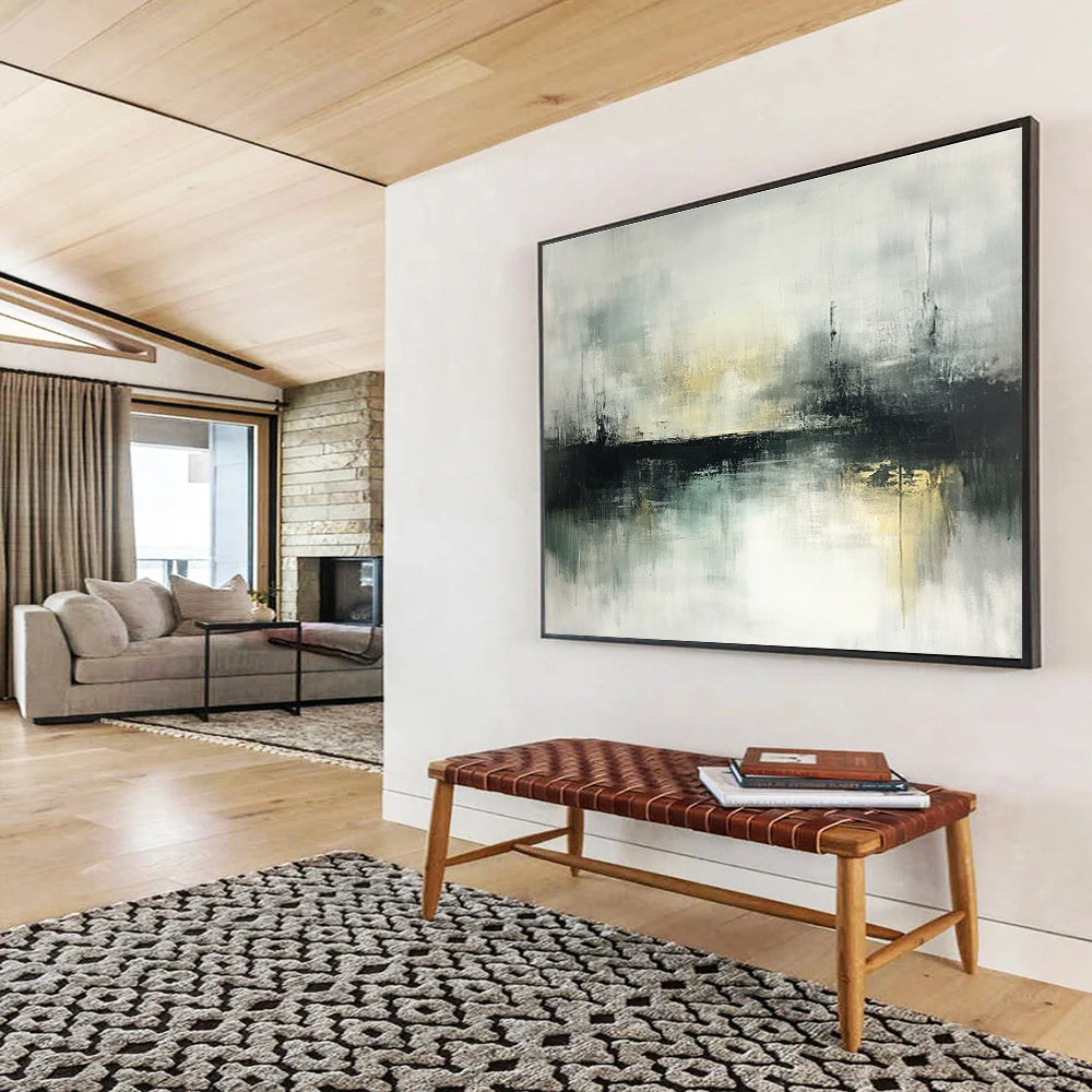 Large abstract painting of misty landscapes featuring muted greens and grays with soft edges and an atmospheric quality ideal for modern art lovers.SC196