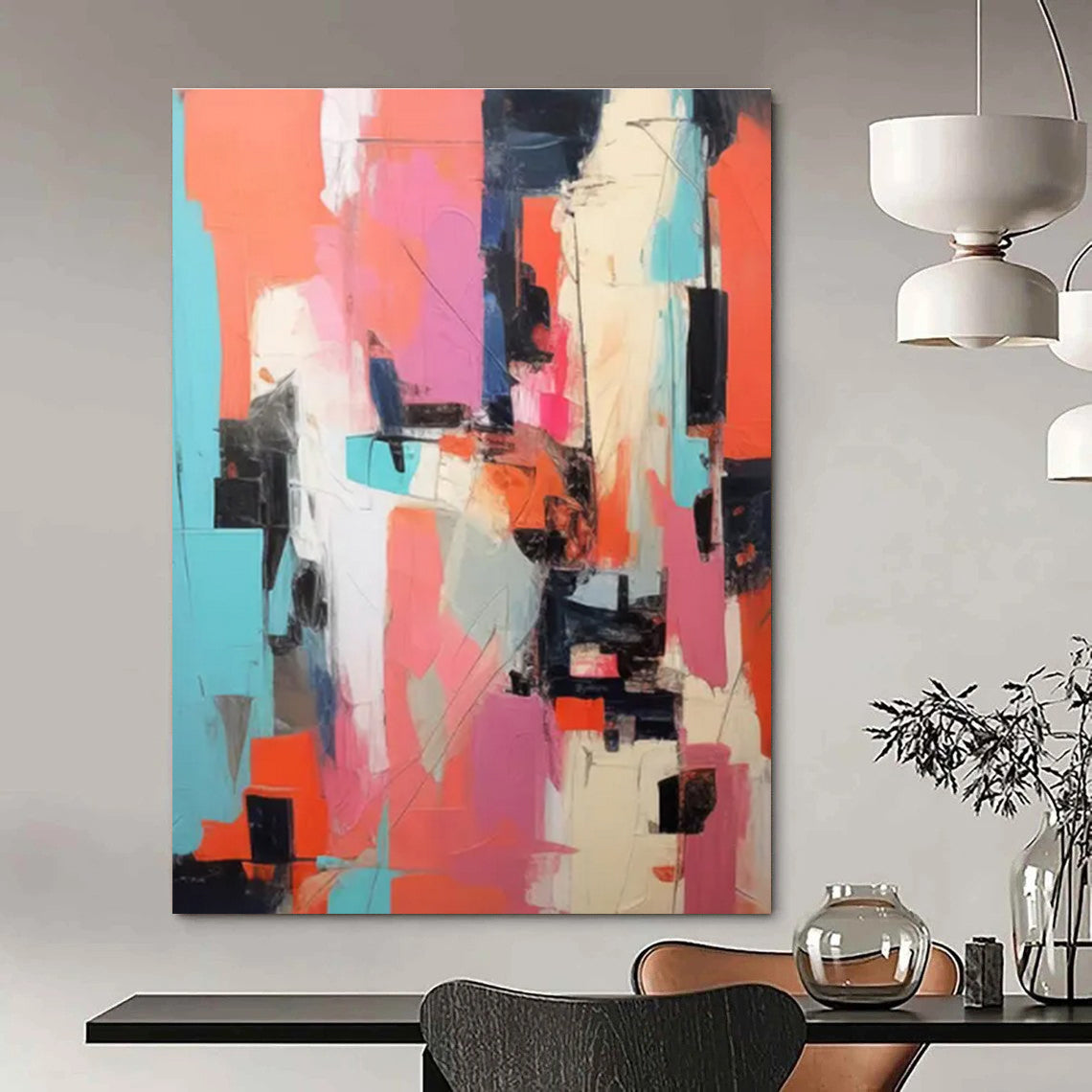 Vibrant Color Collage Abstract Painting with Pink, Orange, and Blue ADGE127