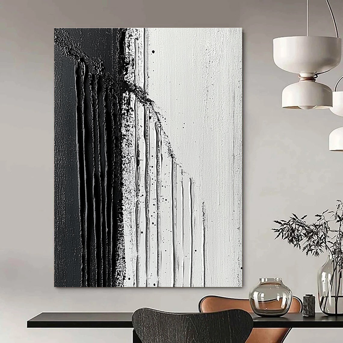 Large abstract painting featuring textured strokes with a striking contrast of dark and light shades embodying minimalism and simplicity on canvas.STSC019