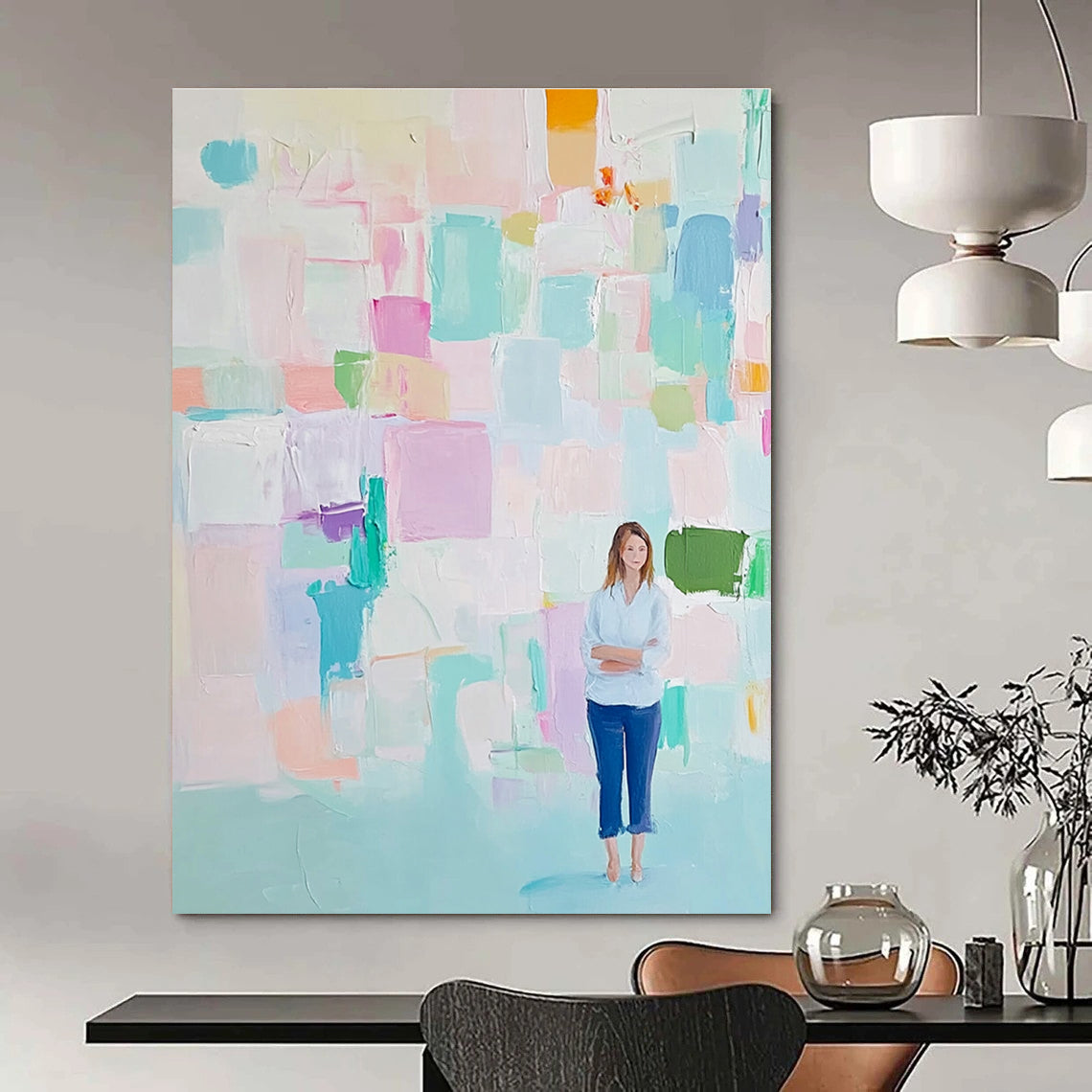Large abstract painting featuring soft pastel colors and thick brush strokes in pink blue green and mint with an airy background.STSC447