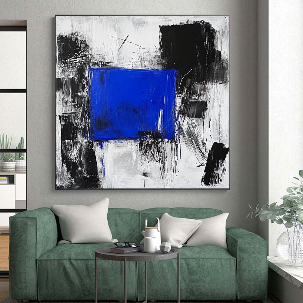 Blue Square in Black Gray Abstract Painting with Dynamic Background GER025