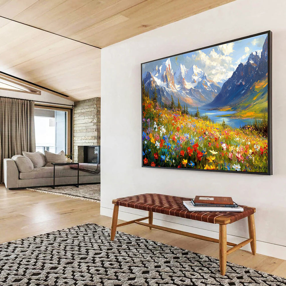 Abstract painting of vibrant wildflowers with majestic snow-capped mountains lakes and forests creating a stunning natural landscape.SC581