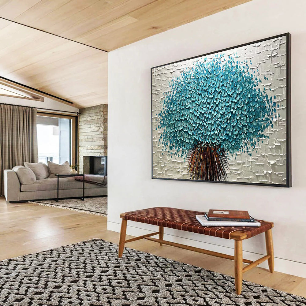 Blue Flower Tree Abstract Painting with Blue, Green, and Brown Tones THY213