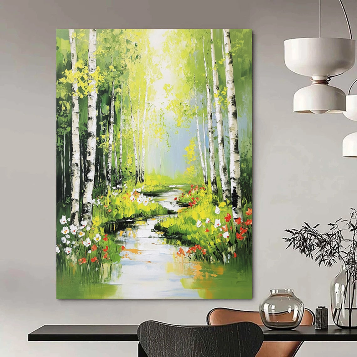 Large abstract painting of serene birch trees flowers and sunlight streaming through leaves in vibrant colors and bold brushstrokes.STSC897