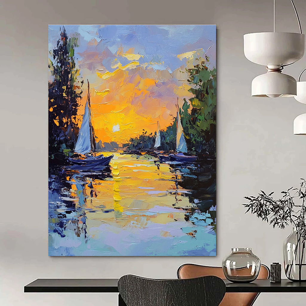 Large abstract painting featuring sailing boats at sunset with vibrant yellow and blue tones and thick brush strokes creating an impressionistic scene.STSC1419