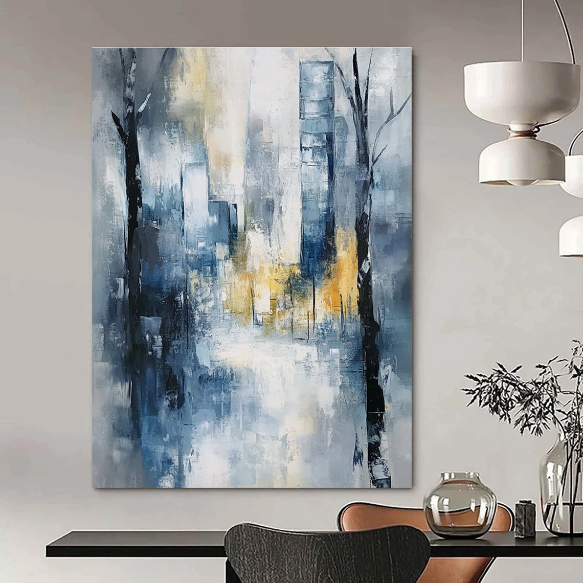 Large abstract painting of an urban cityscape in soft blue and grey tones with hints of yellow and white, featuring expressionist elements and a serene mood.STSC278