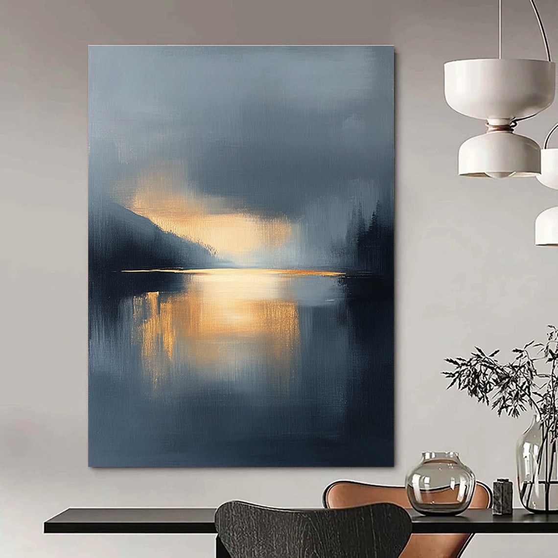 Large abstract oil painting featuring a lake and sky with navy blue and gold tones atmospheric clouds and reflections in calm waters.STSC167