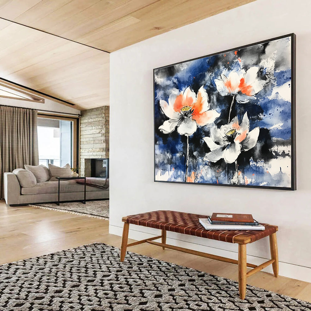 A large abstract painting featuring blooming lotus flowers with orange and white petals against a blue background using traditional Chinese brushstroke techniques.SC580