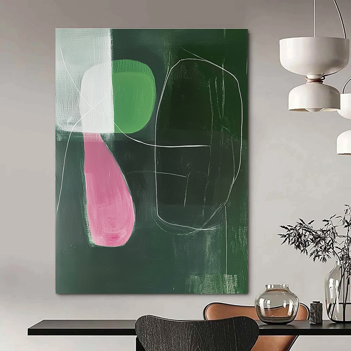 Large abstract painting featuring emerald and pink shapes with soft lighting and white lines in a minimalist Matisse-inspired style.STSC1298