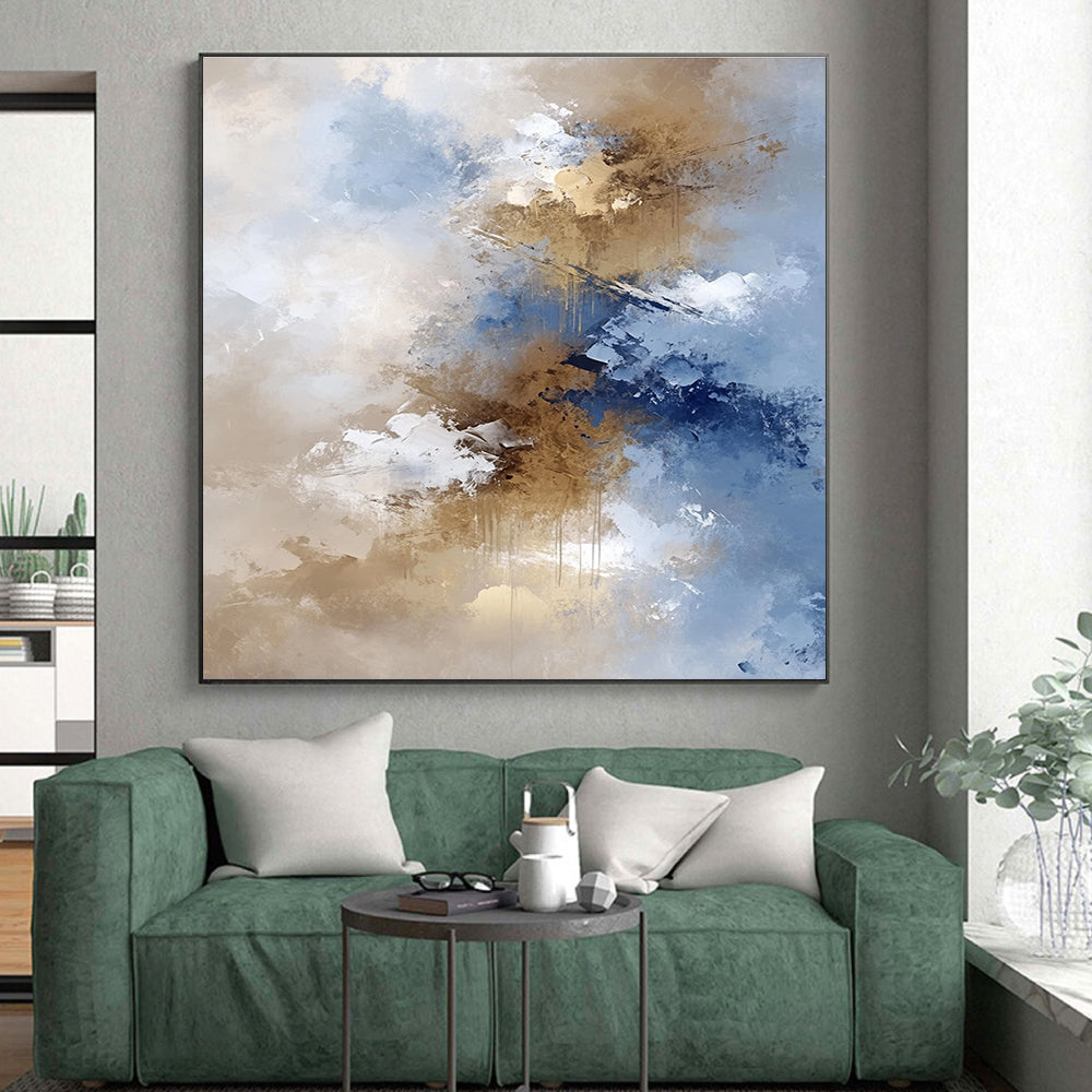 Blue Beige and Gold Abstract Painting with Flowing Textures GER662