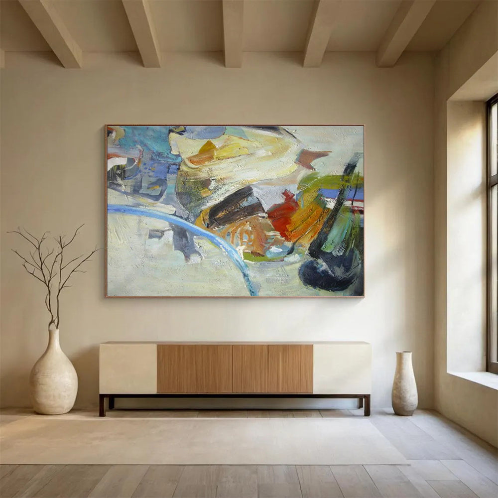 Big Hand-Painted Abstract Canvas, Serene Blue Tones for Bathroom Decor DLZ3229