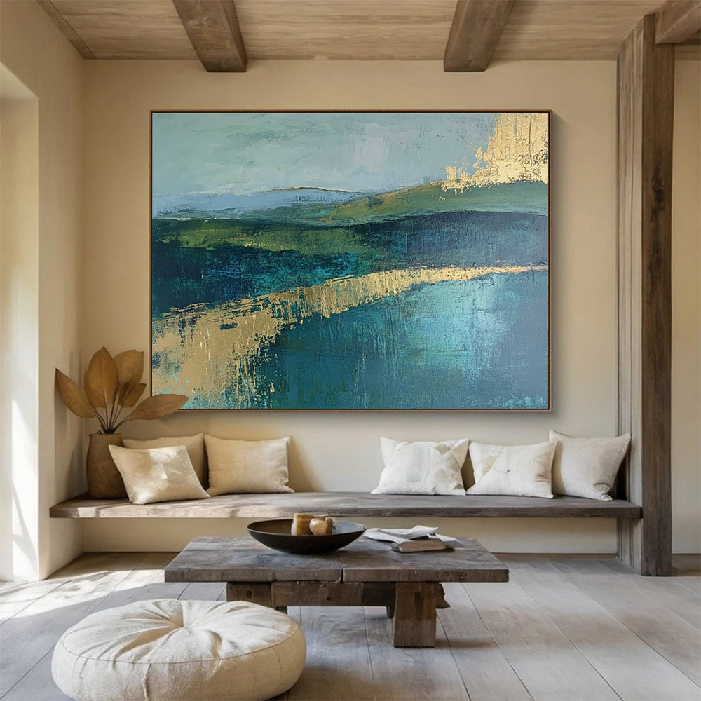 Green and Blue Abstract Landscape Painting with Gold Strokes DYP473