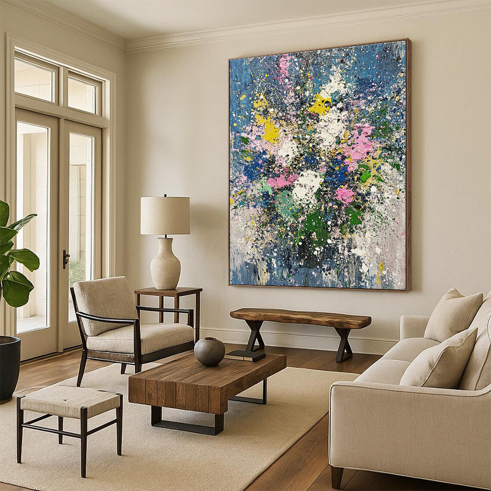 Abstract oil painting featuring flowers and plants in John Berkey's style with light blue green pink and gold leaf splatters.STSC181