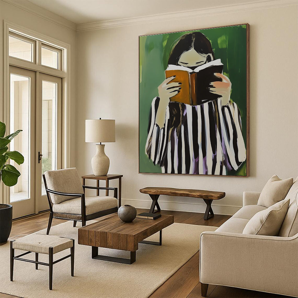 A large abstract painting featuring a woman in black and white stripes holding a book and coffee against a green background.STSC1258