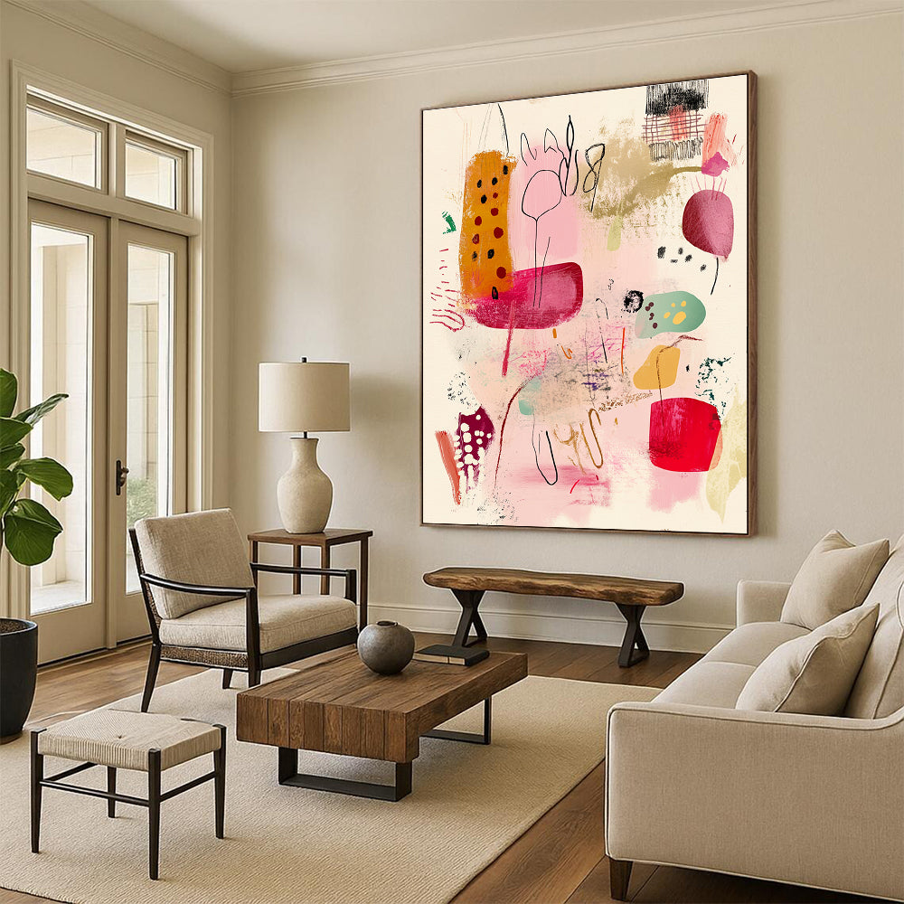 Large abstract painting featuring organic forms in pink red green and yellow with vintage textures and expressive brushstrokes on a light background.STSC1193