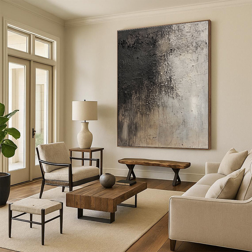 Large abstract painting resembling an ancient cave wall in grey and dark brown with intricate texture and floating dust particles.STSC632