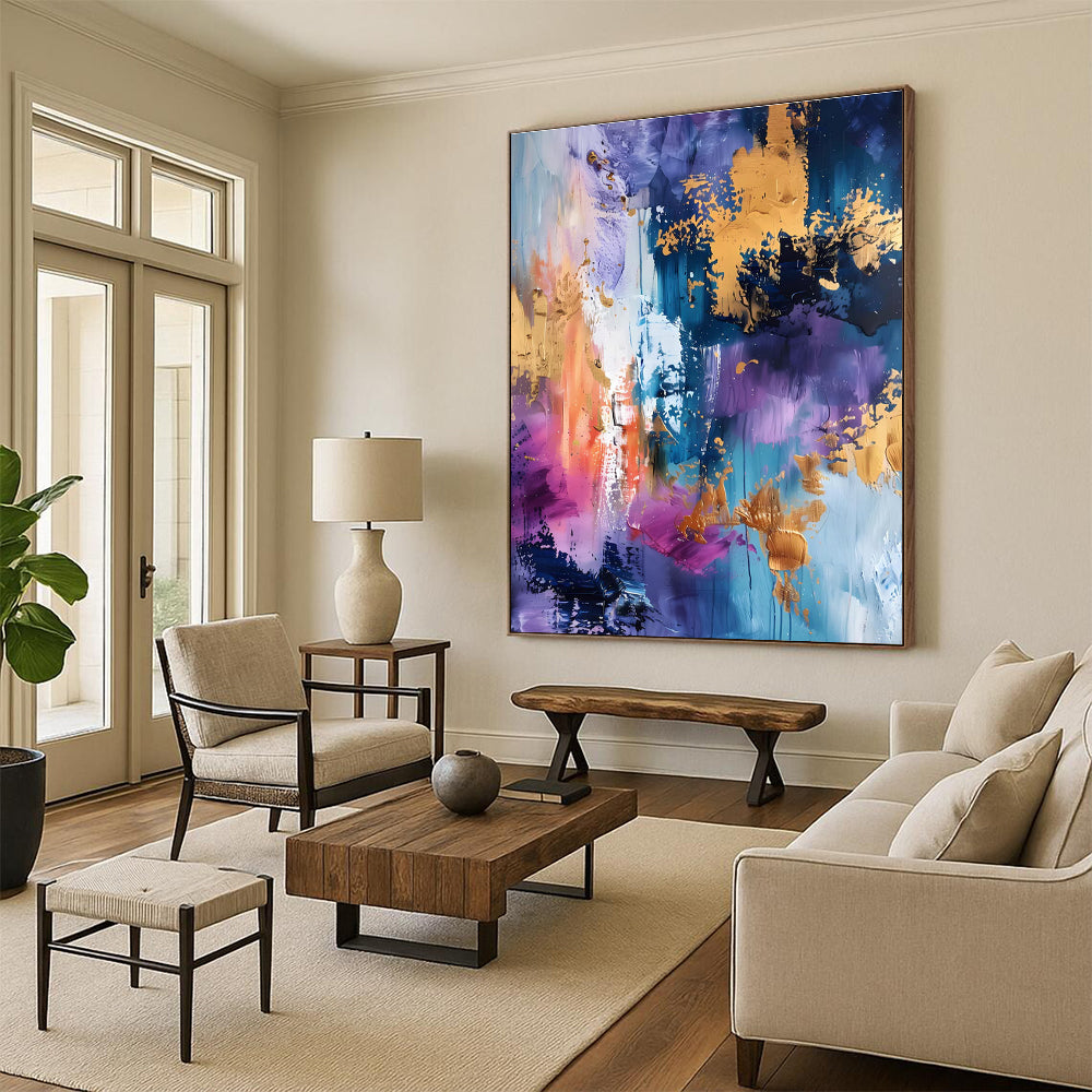 Purple Blue and Gold Abstract Painting with Splashes ADGE282
