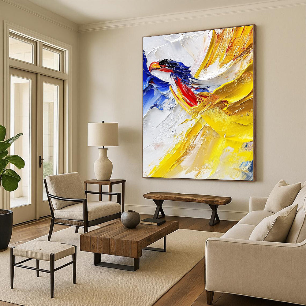 Large abstract painting with impasto technique showcasing vibrant yellow and blue hues featuring a detailed vulture against a white cloud background.STSC426
