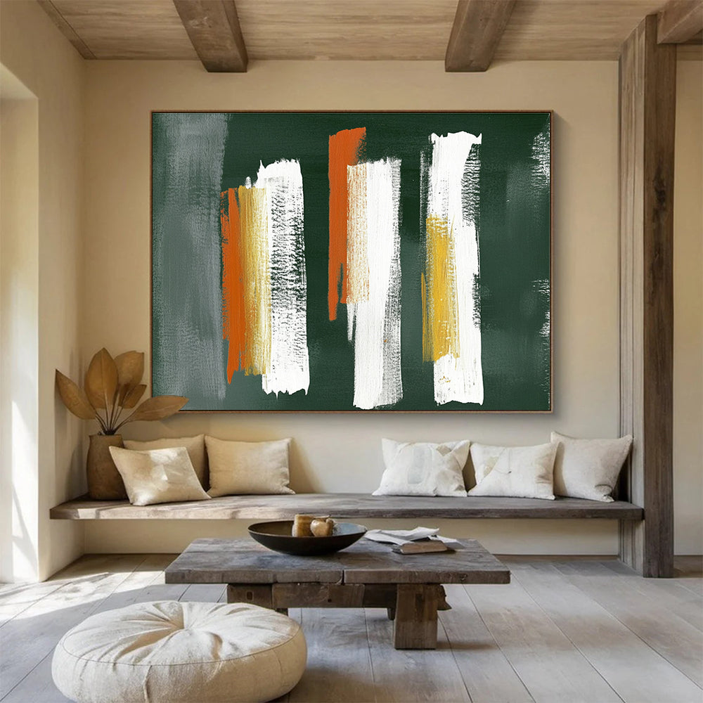 Large abstract painting featuring five vertical brushstrokes in gray white and orange on textured dark green paper in the style of Peter Lefferts.SC494