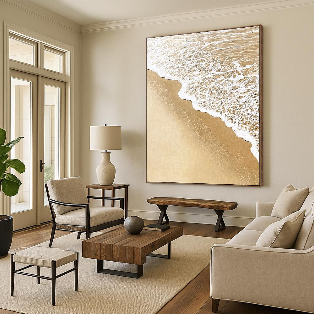 Abstract art capturing intricate sand and water patterns with soft waves blending detailed textures in light beige and white colors.STSC952