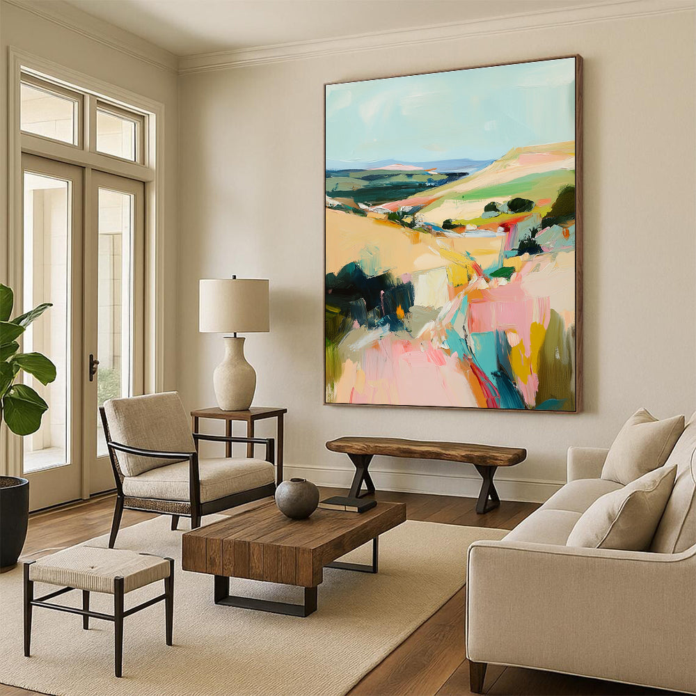 Abstract oil painting of an Irish landscape showcasing vibrant brush strokes in beige pink and teal colors creating a serene atmosphere.STSC150