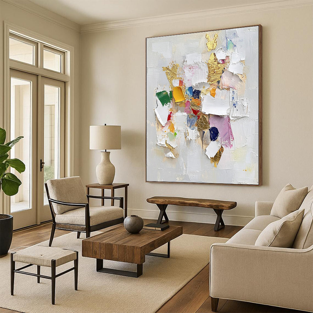 Colorful Patch and Gold Abstract Painting with 3D Effect GER482