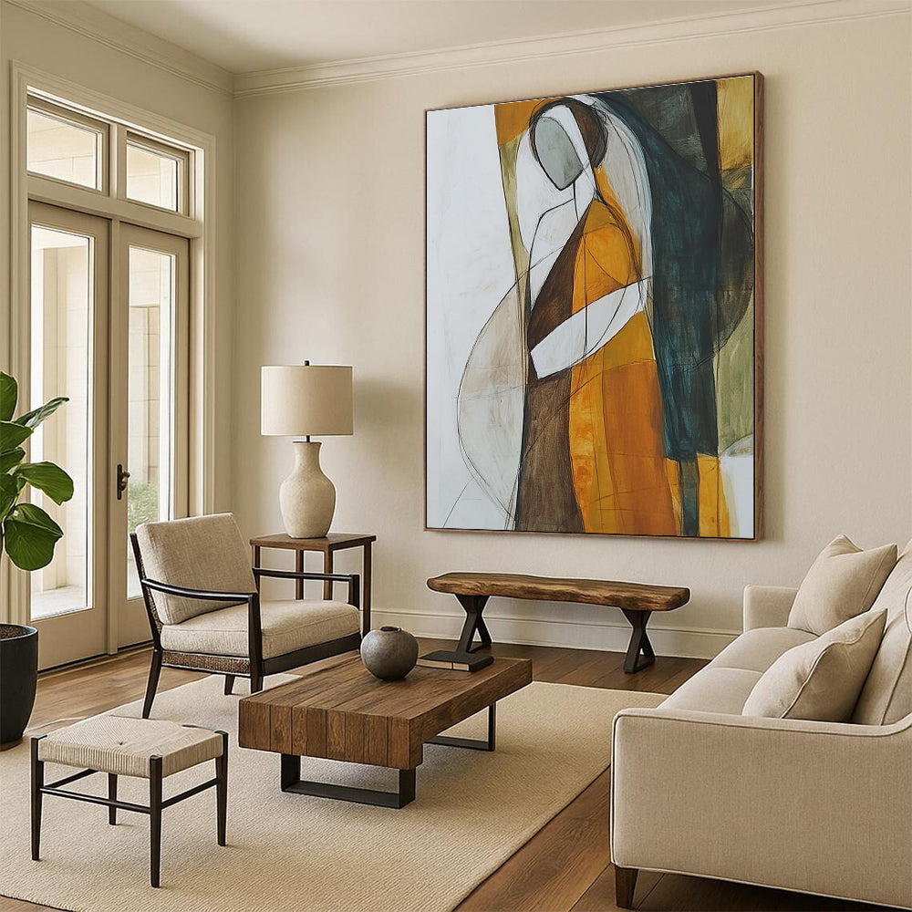 Abstract painting featuring a woman in a brown and orange dress with a white veil showcasing minimalism and surrealism in muted tones and negative space.STSC298
