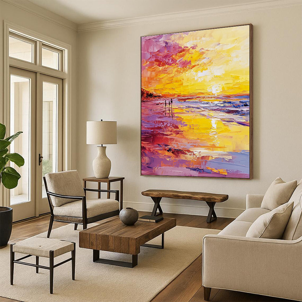Abstract oil painting of a beach at sunset featuring a vibrant yellow and pink color scheme with small figures walking along the shore.STSC157