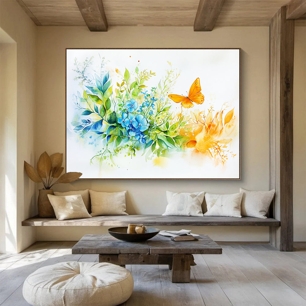 A large abstract painting features green leaves blue flowers and an orange butterfly with golden hands holding the bouquet creating a vibrant harmonious atmosphere.SC567