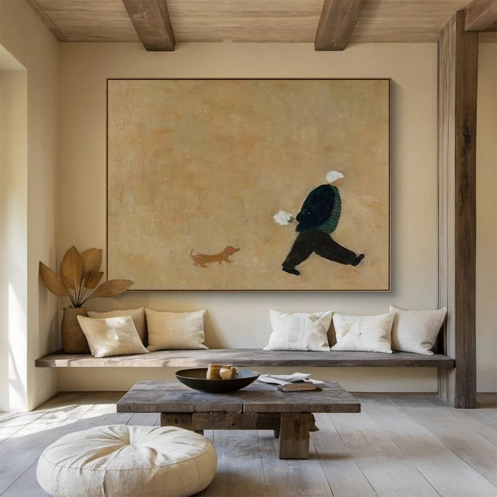 Brown - toned Figure and Dog Simple Abstract Painting THY109