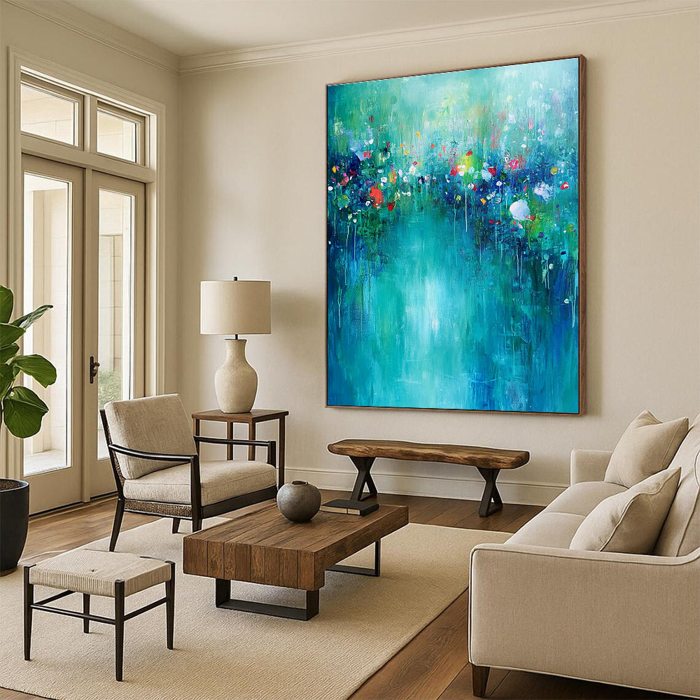 Large abstract painting of an underwater garden featuring vibrant greens and blues with small flowers on a soft turquoise background, evoking calm and tranquility.STSC274