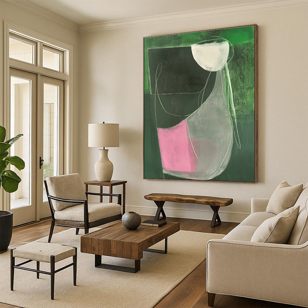Large abstract painting featuring a female form in green and pink with minimalist white lines on dark grey canvas.STSC1297