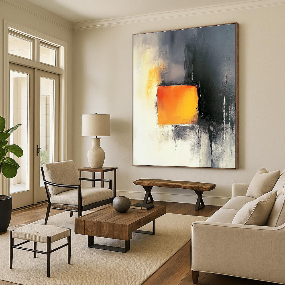 Abstract painting featuring a light orange square amid dark gray and white backgrounds with elegant yellow tones and strong black and red contrasts.STSC1208