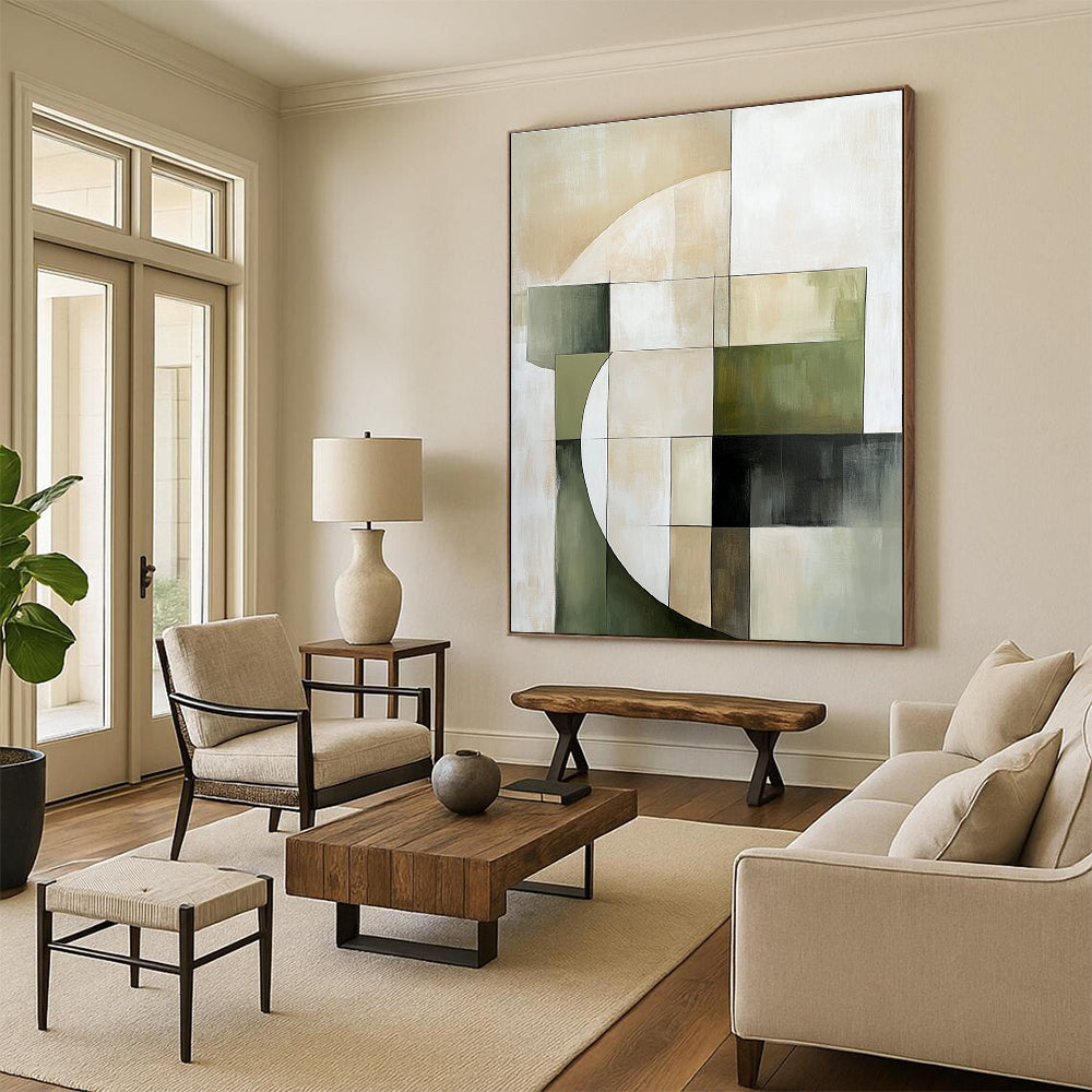 Large abstract painting featuring soft edges geometric forms in green and beige on a neutral background creating an elegant minimalist composition.STSC430