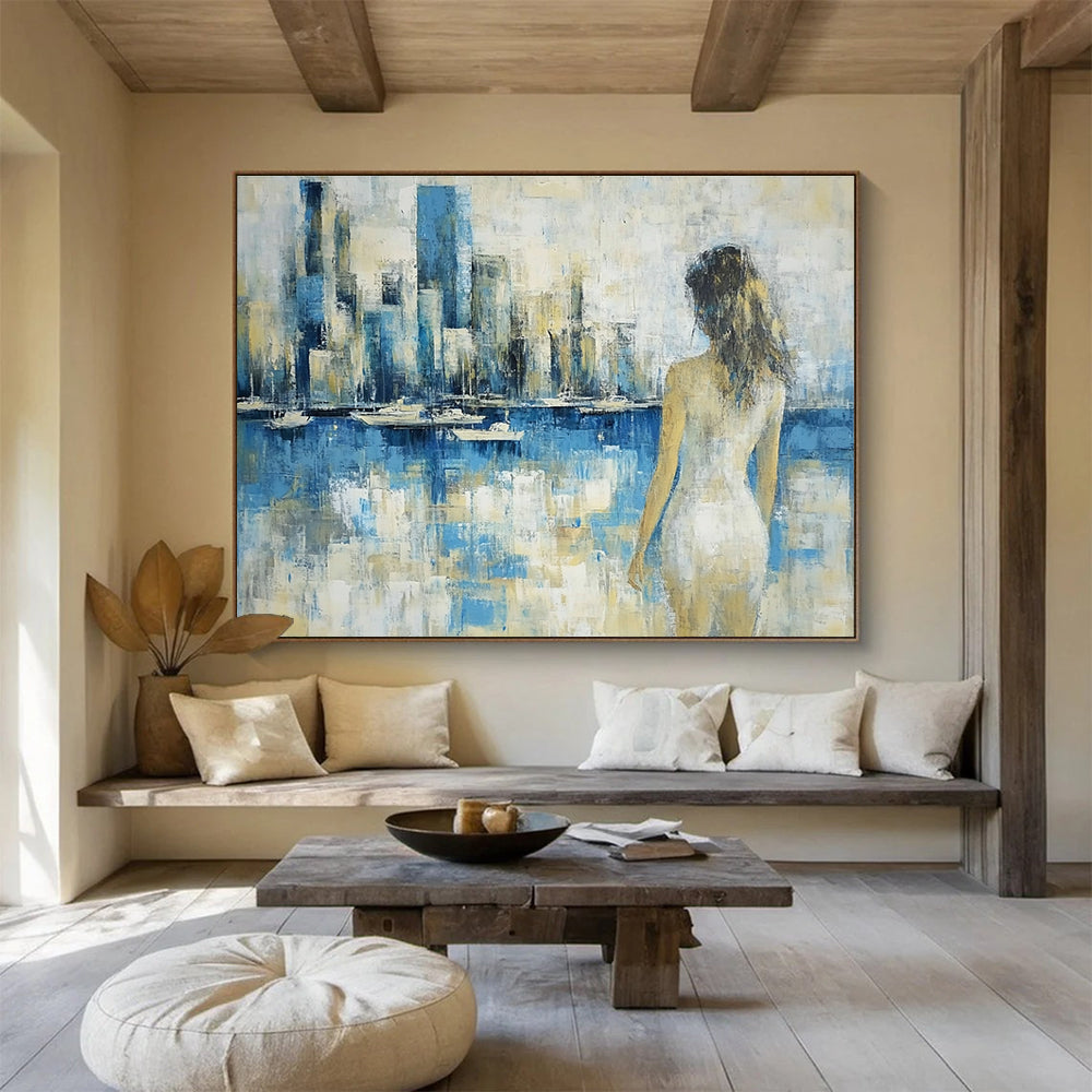 Large abstract painting of a vibrant cityscape in textured gold blue purple and red with impasto strokes and palette knife techniques.SC356