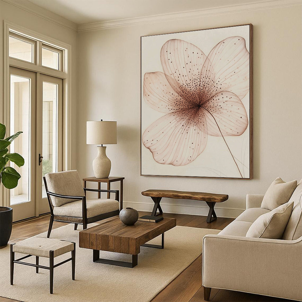 A large abstract painting featuring a single delicate petal in pink and brown with intricate internal structures and a hand-drawn sketch effect.STSC1197